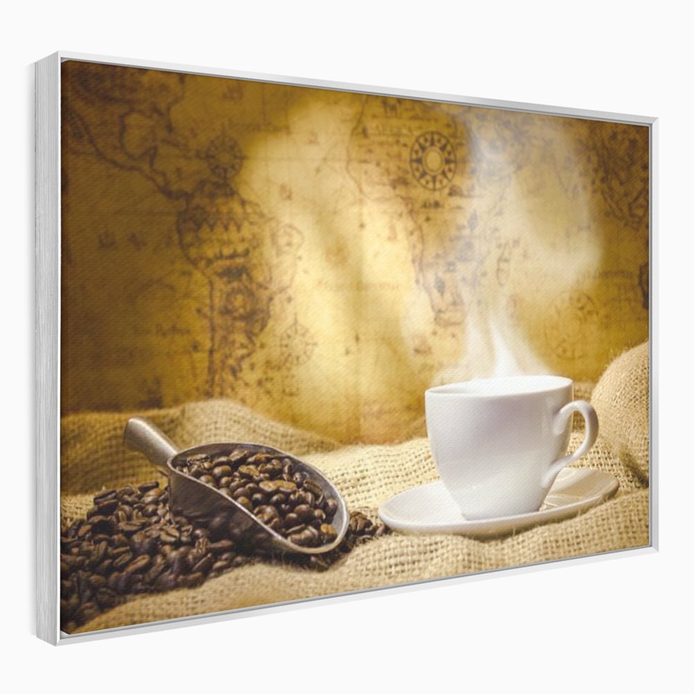 Tablou canvas cu ceasca de cafea cu boabe pe sac de iuta, in rama de aluminiu argintiu